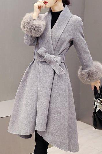 High Quality Long Sleeve Asymmetric Hem Faux Fur Decorated Coat - Grey