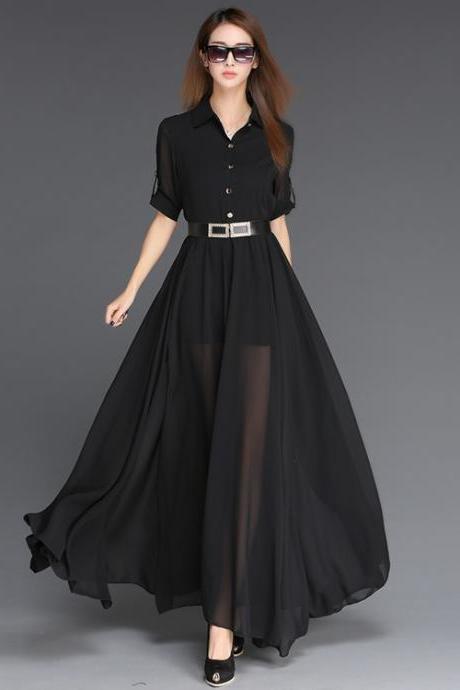 Free shipping Good Quality Fashion Button Chiffon Mid Sleeve Maxi Dress - Black 