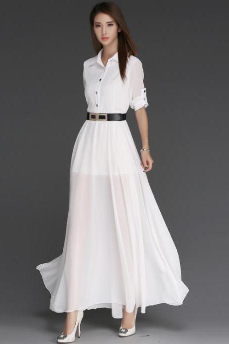 Free shipping Good Quality Fashion Button Chiffon Mid Sleeve Maxi Dress - White