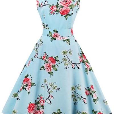 Blue Sleeveless Floral Printed A-Line Midi Dress