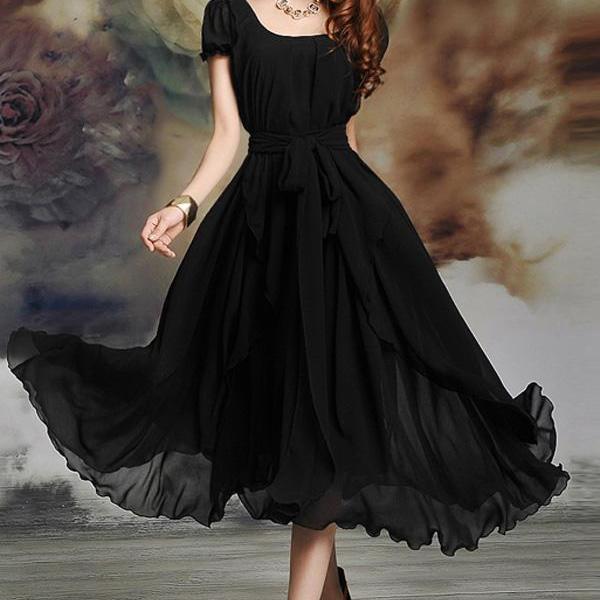Free Shipping Irregular Hemline Bound Waist Short Sleeve Dress - Black