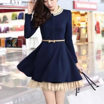 Chic Hollow Turndown Collar Puff Sleeve Pleated A Line Dress - Navy ...