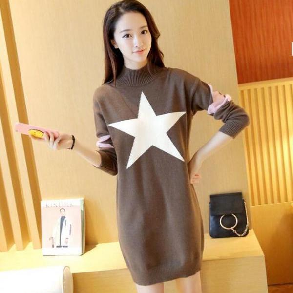 Cute Star Loose Pullover Sweater Dress Khaki on Luulla
