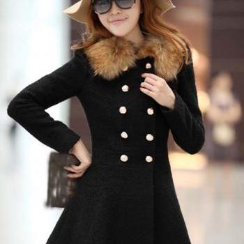 Fashion Double Breasted Fur Decoration Collar Coat - Black on Luulla