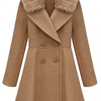Stylish Double Breasted Trench Coat With Fur Collar - Khaki on Luulla