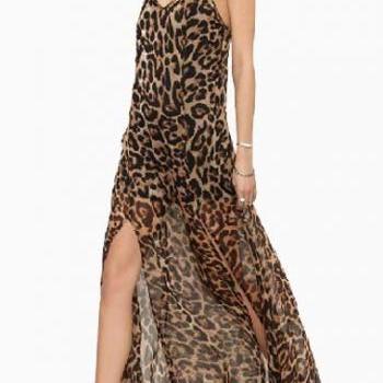 Sexy Leopard Strap Design Open Back Ankle Length Dress 