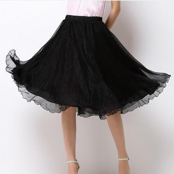High Waist Chiffon Midi Skirt Summer Ladies Casual Slim Beach Skirts - Black