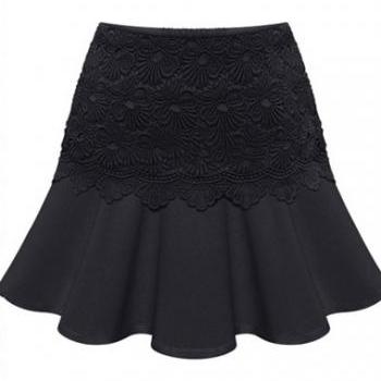 Black Flounced Skirt with Floral Lace Embellishment