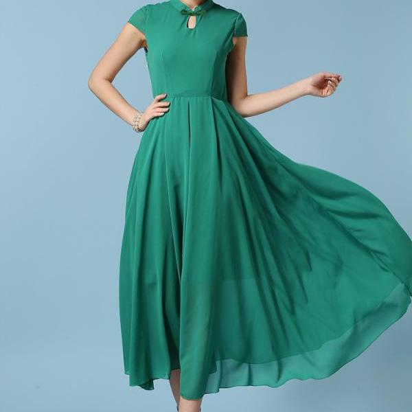Classic Style High Waist Chiffon Maxi Dress - Green on Luulla