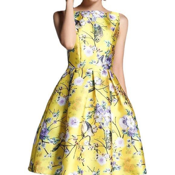 Luxury Floral Yellow Sleeveless Dress 