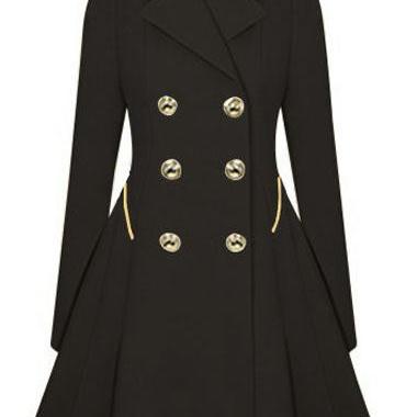 Fashion Long Sleeve Turndown Collar Trench Coat With Button - Black on ...