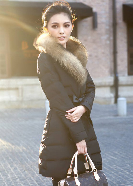 Luxury Animal Fur Decoration High Waist Down Jacket - Black on Luulla
