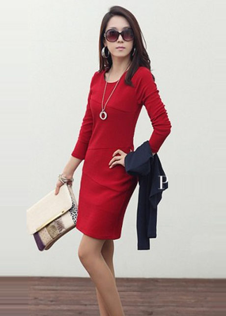 Laconic Long Sleeve Dress For Lady - Red on Luulla