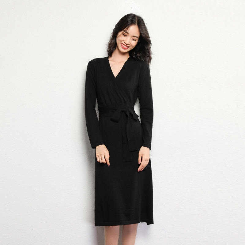 High Quality Long Sleeve V Neck Sweater Dress - Black on Luulla