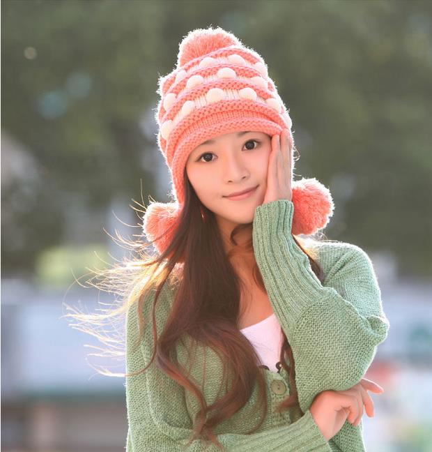 Winter Cute Little Ball Knitted Bomber Hat For Girls Watermelon Red