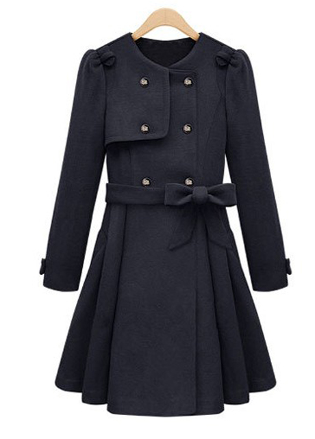 Fashion Style Belt Decoration Round Neck Coats With Button- Blue on Luulla