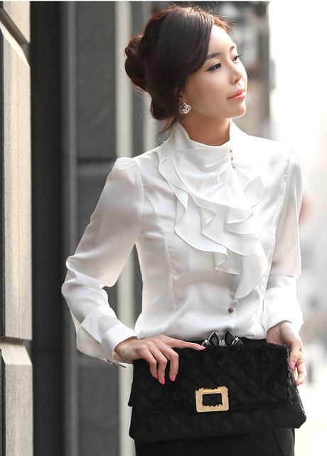 Laconic Mandarin Collar Puff Sleeve Ruffled Rayon Shirt - White on Luulla