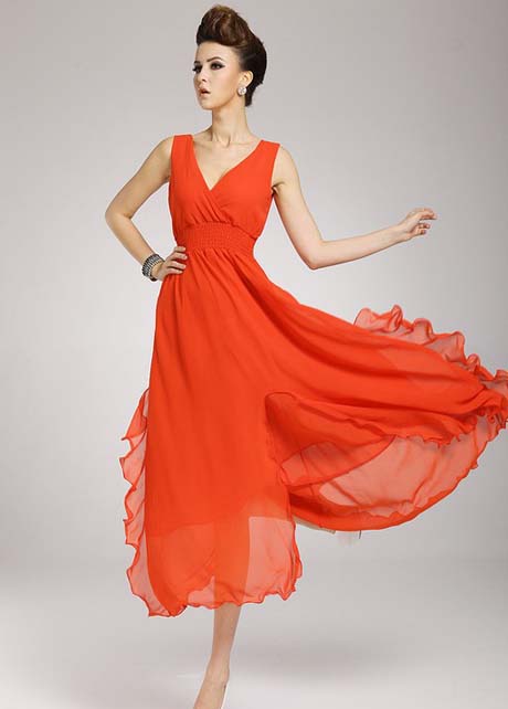 Stunning Chiffon V Neck High Waist Dress - Orange on Luulla