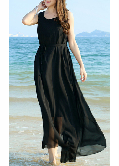 Fashion New Round Neck Empire Waist Maxi Chiffon Beach Dress  Black on