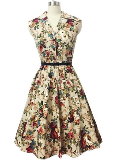 Vintage Notch Collar Belt Design Flower Print Dress on Luulla